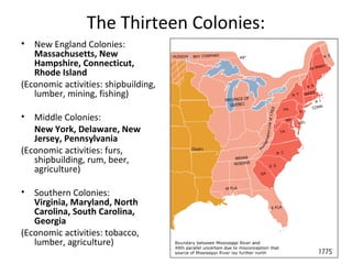 The Thirteen Colonies:
• New England Colonies:
Massachusetts, New
Hampshire, Connecticut,
Rhode Island
(Economic activities: shipbuilding,
lumber, mining, fishing)
• Middle Colonies:
New York, Delaware, New
Jersey, Pennsylvania
(Economic activities: furs,
shipbuilding, rum, beer,
agriculture)
• Southern Colonies:
Virginia, Maryland, North
Carolina, South Carolina,
Georgia
(Economic activities: tobacco,
lumber, agriculture)
 