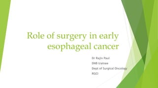 Role of surgery in early
esophageal cancer
Dr Rajiv Paul
DNB trainee
Dept of Surgical Oncology
RGCI
 