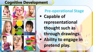 Pre-operational Stage
 Capable of
representational
thought such as
through drawings.
 Ability to engage in
pretend play.
Cognitive Development
 