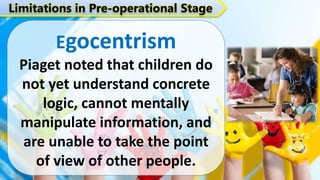Limitations in Pre-operational Stage
Egocentrism
Piaget noted that children do
not yet understand concrete
logic, cannot mentally
manipulate information, and
are unable to take the point
of view of other people.
 