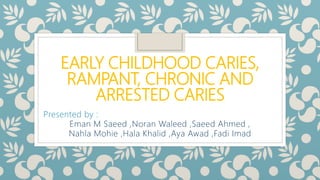 EARLY CHILDHOOD CARIES,
RAMPANT, CHRONIC AND
ARRESTED CARIES
Presented by :
Eman M Saeed ,Noran Waleed ,Saeed Ahmed ,
Nahla Mohie ,Hala Khalid ,Aya Awad ,Fadi Imad
 