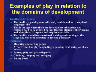 Examples of play in relation to the domains of development ,[object Object],[object Object],[object Object],[object Object],[object Object],[object Object],[object Object],[object Object],[object Object],[object Object]