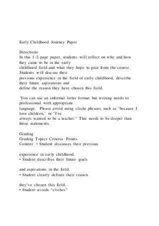 Early Childhood Journey Paper
Directions
In this 1-2-page paper, students will reflect on why and how
they came to be in the early
childhood field and what they hope to gain from the course.
Students will discuss their
previous experience in the field of early childhood, describe
their future aspirations and
define the reason they have chosen this field.
You can use an informal letter format but writing needs to
professional with appropriate
language. Please avoid using cliche phrases such as "because I
love children," or "I've
always wanted to be a teacher." This needs to be deeper than
those statements.
Grading
Grading Topics Criteria Points
Content • Student discusses their previous
experience in early childhood.
• Student describes their future goals
and aspirations in the field.
• Student clearly defines their reason
they’ve chosen this field.
• Student avoids “cliches”
 