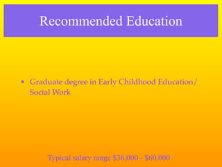 Recommended Education



• Graduate degree in Early Childhood Education/
  Social Work




       Typical salary range $36,000 - $60,000
 