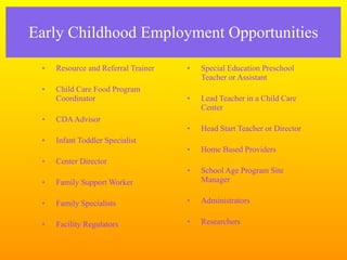 Early Childhood Employment Opportunities

 •   Resource and Referral Trainer   •   Special Education Preschool
                                         Teacher or Assistant
 •   Child Care Food Program
     Coordinator                     •   Lead Teacher in a Child Care
                                         Center
 •   CDA Advisor
                                     •   Head Start Teacher or Director
 •   Infant Toddler Specialist
                                     •   Home Based Providers
 •   Center Director
                                     •   School Age Program Site
 •   Family Support Worker               Manager

 •   Family Specialists              •   Administrators

 •   Facility Regulators             •   Researchers
 