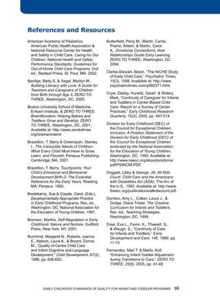 References and Resources
american academy of Pediatrics,              Butterfield, Perry M., Martin, Carde,
 american Public health association          Prairie, arleen,  martin, Carol
 national resource Center for health          a., Emotional Connections: How
 and Safety in Child Care, Caring for Our     Relationships Guide Early Learning,
 Children: National Health and Safety         ZEro to thrEE, Washington, dC,
 Performance Standards: Guidelines for        2004.
 Out-of-Home Child Care Programs, 2nd
 ed., redleaf Press, St. Paul, mn, 2002.     Clarke-Stewart, Alison, “The NICHD Study
                                               of Early Child Care,” Psychiatric Times,
Bardige, Betty S.  Segal, marilyn m.,         15(3), 1998. available at: http://www.
 Building Literacy with Love: A Guide for      psychiatrictimes.com/p980371.html.
 Teachers and Caregivers of Children
 from Birth through Age 5, ZEro to           Cryer, debby, hurwitz, Sarah,  Wolery,
 thrEE, Washington, dC, 2005.                  Mark, “Continuity of Caregiver for Infants
                                               and toddlers in Center-Based Child
Boston university School of medicine,          Care: report on a Survey of Center
 Erikson institute,  ZEro to thrEE.           Practices,” Early Childhood Research
 BrainWonders: Helping Babies and              Quarterly, 15(4), 2000, pp. 497-514.
 Toddlers Grow and Develop, ZEro
 to thrEE, Washington, dC, 2001.             division for Early Childhood (dEC) of
 available at: http://www.zerotothree.         the Council for Exceptional Children,
 org/brainwonders/                             Inclusion: A Position Statement of the
                                               Division for Early Childhood (DEC) of
Brazelton, t. Berry  greenspan, Stanley       the Council for Exceptional Children
  i., The Irreducible Needs of Children:       endorsed by the National Association
  What Every Child Must Have to Grow,          for the Education of Young Children,
  Learn, and Flourish, Perseus Publishing,     Washington, dC, 1993. available at:
  Cambridge, ma, 2001.                         http://www.naeyc.org/about/positions/
                                               pdf/PSinC98.Pdf.
Brazelton, t. Berry, Touchpoints: Your
  Child’s Emotional and Behavioral           doggett, libby  george, Jill, All Kids
  Development Birth-3: The Essential          Count: Child Care and the Americans
  Reference for the Early Years, reading,     with Disabilities Act (ADA), the arc of
  ma: Perseus, 1992.                          the u.S., 1993. available at: http://www.
                                              thearc.org/publications/allkidscount.pdf.
Bredekamp, Sue  Copple, Carol. (Eds.),
  Developmentally Appropriate Practice       dombro, amy l., Colker, laura J., 
  in Early Childhood Programs, rev. ed.,      dodge, diane trister, The Creative
  Washington, dC: national association for    Curriculum for Infants and Toddlers,
  the Education of young Children, 1997.      rev. ed., teaching Strategies,
                                              Washington, dC, 1999.
Bronson, martha, Self-Regulation in Early
  Childhood: Nature and Nurture, guilford    Essa, Eva l., favre, K., thweatt, g.,
  Press, new york, ny, 2001.                   Waugh, S., “Continuity of Care
                                              for Infants and Toddlers,” Early
Burchinal, margaret n., roberts, Joanne       Development and Care, 148, 1999, pp.
 E., nabors, laura a.,  Bryant, donna        11-19.
 M., “Quality of Center Child Care
 and infant Cognitive and language           Fernandez, Mari T.  Marfo, Kofi,
 Development,” Child Development, 67(2),       “Enhancing Infant-Toddler Adjustment
 1996, pp. 606-620.                            during Transitions to Care,” ZERO TO
                                               THREE, 25(6), 2005, pp. 41-48.




         Early Childhood StandardS of Quality for infant and toddlEr ProgramS           
 