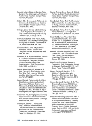 gandini, lella  Edwards, Carolyn Pope,        harms, thelma, Cryer, debby,  Clifford,
 Bambini: The Italian Approach to Infant/       richard n., Infant/Toddler Environment
 Toddler Care, teachers College Press,          Rating Scale, teachers College Press,
 new york, ny, 2001.                            new york, ny, 1990.

gilbert, B.B., grymes, J.,  Walters, l. m.,   hart, Betty  risley, todd r., Meaningful
  Environments for Infants and Toddlers:        Differences in the Everyday Experience
  Connecting the Pieces, Kaplan Press,          of Young American Children, Paul h.
  lewisville, nC, 2000.                         Brookes, Baltimore, md, 1995.

gillespie, linda groves,  Seibel, nancy       hart, Betty  risley, todd r., The Social
  L., “Self Regulation: A Cornerstone of        World of Children Learning to Talk,
  Early Childhood Development,” Young           Paul h. Brookes, Baltimore, md, 1999.
  Children, 61(4), 2006, pp. 34-39.
                                               Head Start Bureau. “Head Start Child
golinkoff, roberta  hirsh-Pasek, Kathy,        Outcomes Framework,” Head Start
 How Babies Talk: The Magic and Mystery         Bulletin, no. 70. department of health
 of Language in the First Three Years of        and human Services, administration
 Life, Plume, new york, ny, 1999.               for Children and families, Washington,
                                                dC, 2001. available at: http://www.
gonzalez-mena, Janet  Eyer, diane              headstartinfo.org/pdf/im00_18a.pdf.
 Widmeyer, Infants, Toddlers and
 Caregivers, 5th ed., mcgraw-hill, new         helburn, Suzanne Wiggans (Ed.), Cost,
 york, ny, 2001.                                Quality, and Child Outcomes in Child
                                                Care Centers, Technical Report,
goossens, f. a.  van ijzendoorn, marinus       university of Colorado at denver,
 H., “Quality of Infants’ Attachments           denver, Co, 1995.
 to Professional Caregivers: relation
 to infant-Parent and day Care                 high/Scope Educational research
 Characteristics,” Child Development,            foundation, Child Observation Record
 61(3), 1990, pp. 832-837.                       for Infants  Toddlers (COR-IT), high/
                                                 Scope Press, ypsilanti, mi, 2002.
gopnik, alison, meltzoff, andrew n., 
 Kuhl, Patricia K., The Scientist in the       howes, Carolee  hamilton, C. E.,
 Crib: What Early Learning Tells Us             “Children’s Relationships with
 about the Mind, harper Paperbacks,             Caregivers: mothers and Child Care
 new york, ny, 2001.                            Teachers,” Child Development, 63(4),
                                                1992, pp. 859-866.
green, morris  Palfrey, Judith S., (Eds.),
 Bright Futures: Guidelines for Health         Howes, Carolee  Hamilton, C. E., “The
 Supervision of Infants, Children and           Changing Experience of Child Care:
 Adolescents, 2nd ed., national Center for      Changes in teachers and in teacher-
 Education in maternal and Child health,        Child relationships and Children’s
 arlington, Va, 2002. available at: http://     Social Competence with Peers,” Early
 www.brightfutures.org/bf2/pdf/index.html.      Childhood Research Quarterly, 8(1),
                                                1993, pp. 15-32.
greenman, Jim, Caring Spaces, Learning
 Places: Children’s Environments That          international reading association (ira) 
 Work, Child Care information Exchange,          national association for the Education
 redmond, Wa, 2005.                              of Young Children (NAEYC), “Learning
                                                 to read and Write: developmentally
greenspan, Stanley i., Infancy and               appropriate Practices for young
 Early Childhood: The Practice of                Children,” A Joint Position Statement,
 Clinical Assessment and Intervention            Young Children, 53(4), 1998, pp. 30-46.
 with Emotional and Developmental                available at: www.naeyc.org/about/
 Challenges, international universities          positions/pdf/PSrEad98.Pdf.
 Press, inc., madison, Ct, 1992.



00   miChigan dEPartmEnt of EduCation
 