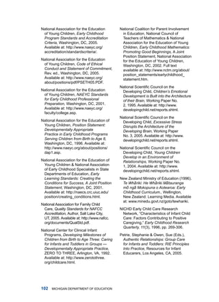 national association for the Education       national Coalition for Parent involvement
 of young Children, Early Childhood           in Education, national Council of
 Program Standards and Accreditation          teachers of mathematics  national
 Criteria, Washington, dC, 2005.              association for the Education of young
 available at: http://www.naeyc.org/          Children, Early Childhood Mathematics:
 accreditation/standardscriteria/.            Promoting Good Beginnings, a Joint
                                              Position Statement, national association
national association for the Education        for the Education of young Children,
 of young Children, Code of Ethical           Washington, dC, 2002. full text
 Conduct and Statement of Commitment,         available at: http://www.nctm.org/about/
 rev. ed., Washington, dC, 2005.              position_statements/earlychildhood_
 available at: http://www.naeyc.org/          statement.htm.
 about/positions/pdf/PSEth05.Pdf.
                                             National Scientific Council on the
national association for the Education        developing Child, Children’s Emotional
 of young Children, NAEYC Standards           Development is Built into the Architecture
 for Early Childhood Professional             of their Brain, Working Paper no.
 Preparation, Washington, dC, 2001.           2, 1995. available at: http://www.
 available at: http://www.naeyc.org/          developingchild.net/reports.shtml.
 faculty/college.asp.
                                             National Scientific Council on the
national association for the Education of     developing Child, Excessive Stress
 young Children, Position Statement:          Disrupts the Architecture of the
 Developmentally Appropriate                  Developing Brain, Working Paper
 Practice in Early Childhood Programs         no. 3, 2005. available at: http://www.
 Serving Children from Birth to Age 8,        developingchild.net/reports.shtml.
 Washington, dC, 1996. available at:
 http://www.naeyc.org/about/positions/       National Scientific Council on the
 dap1.asp.                                    developing Child, Young Children
                                              Develop in an Environment of
national association for the Education of     Relationships, Working Paper no.
 young Children  national association        1, 2004. available at: http://www.
 of Early Childhood Specialists in State      developingchild.net/reports.shtml.
 departments of Education, Early
 Learning Standards: Creating the            new Zealand ministry of Education (1996).
 Conditions for Success, A Joint Position     Te Whāriki: He Whāriki Mātauranga
 Statement, Washington, dC, 2001.             mō ngā Mokopuna o Aotearoa: Early
 available at: http://naecs.crc.uiuc.edu/     Childhood Curriculum., Wellington,
 position/creating_conditions.html.           new Zealand: learning media. available
                                              at: www.minedu.govt.nz/goto/tewhariki.
national association for family Child
 Care, Quality Standards for NAFCC           niChd Early Child Care research
 Accreditation, author, Salt lake City,        Network, “Characteristics of Infant Child
 ut, 2005. available at: http://www.nafcc.     Care: factors Contributing to Positive
 org/documents/QualStd.pdf.                    Caregiving,” Early Childhood Research
                                               Quarterly, 11(3), 1996, pp. 269-306.
national Center for Clinical infant
 Programs, Developing Milestones of          Petrie, Stephanie  owen, Sue (Eds.),
 Children from Birth to Age Three: Caring     Authentic Relationships: Group Care
 for Infants and Toddlers in Groups —         for Infants and Toddlers: RIE Principles
 Developmentally Appropriate Practice,        Into Practice, resources for infant
 ZEro to thrEE, arlington, Va, 1992.          Educarers, los angeles, Ca, 2005.
 available at: http://www.zerotothree.
 org/childcare.html.




0   miChigan dEPartmEnt of EduCation
 