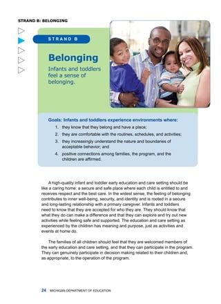 sTRanD b: belonging



             STRAnD B





             belonging
             Infants and toddlers
             feel a sense of
             belonging.




             Gols: Infnts nd toddlers experience environments where:
                1. they know that they belong and have a place;
                2. they are comfortable with the routines, schedules, and activities;
                3. they increasingly understand the nature and boundaries of
                   acceptable behavior; and
                4. positive connections among families, the program, and the
                   children are affirmed.




            a high-quality infant and toddler early education and care setting should be
        like a caring home: a secure and safe place where each child is entitled to and
        receives respect and the best care. in the widest sense, the feeling of belonging
        contributes to inner well-being, security, and identity and is rooted in a secure
        and long-lasting relationship with a primary caregiver. infants and toddlers
        need to know that they are accepted for who they are. they should know that
        what they do can make a difference and that they can explore and try out new
        activities while feeling safe and supported. the education and care setting as
        experienced by the children has meaning and purpose, just as activities and
        events at home do.

            the families of all children should feel that they are welcomed members of
        the early education and care setting, and that they can participate in the program.
        they can genuinely participate in decision making related to their children and,
        as appropriate, to the operation of the program.




           miChigan dEPartmEnt of EduCation
 