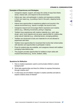 sTRanD D: CommuniCaTion

Exmples of Experiences nd Strtegies:
   •   Caregivers respect, support, and enjoy the variety of ways that infants
       sense, interact with, and respond to the environment.
   •   infants see, hear, and participate in creative and expressive activities
       in their own ways (e.g., by putting a hand in the paint, clapping hands,




                                                                                       
       babbling).
   •   infants have opportunities to experience patterns and sounds in the
       natural environment (e.g., leaves in sunlight, the sound of rain).
   •   Caregivers respond and encourage infants’ expressive and creative
       actions (e.g., reflecting movements, joining in clapping).
   •   toddlers have experiences with creative materials (e.g., paint, glue,
       dough, sand, found objects) and are given opportunities for creative play
       using natural materials (e.g., collecting leaves, arranging pebbles).
   •   toddlers are introduced to tools and materials for art and allowed to
       experiment with them.
   •   toddlers have opportunities for movement that involve their whole bodies
       with abandon and opportunities to participate in dance.
   •   Props for pretend play are available, and caregivers interact with toddlers’
       emerging make-believe play.
   •   the program provides opportunities for toddlers to learn skills with
       musical instruments (e.g., drums, shakers, bells).




Questions for Reflection
   1. how is creative expression used to communicate children’s cultural
      backgrounds?
   2. What daily opportunities are there for children to express themselves
      through creative arts?
   3. in what ways are all children included in creative activities and able to
      explore creative areas of interest?




        Early Childhood StandardS of Quality for infant and toddlEr ProgramS      
 