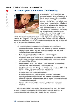 a. The pRogRam’s sTaTemenT of philosophy

         a. The program’s statement of philosophy


                                                    a high-quality infant/toddler education
                                                    and care program, whether in a center or
                                                    home setting, begins with an underlying
                                                    theory or statement of fundamental
                                                    beliefs — beliefs about why the program
                                                    exists, what it will accomplish, and how it
                                                    will serve all the infants and toddlers and
                                                    their families involved in the program.
                                                    the philosophy establishes a framework
                                                    for program decisions and provides
                                                    direction for goal setting and program
                                                    implementation, the foundation upon
         which all interactions and activities are based. in programs also serving older
         children, the program’s philosophy statement specifically addresses the beliefs
         regarding how to serve infants and toddlers as distinct from the overall statement
         about the broader age range of children.

              the philosophy statement guides decisions about how the program:
              •     Promotes a climate of acceptance and inclusion by enrolling children of
                    varying cultural, ethnic, linguistic, and racial backgrounds who have a
                    range of abilities and special needs.
              •     nurtures a partnership between families and the program.
              •     Provides qualified and nurturing staff members who use developmentally
                    appropriate practices and who develop warm, responsive relationships
                    with each child and family.
              •     Enhances each infant’s and toddler’s social-emotional health and well-
                    being through the assignment of a primary caregiver.
              •     Establishes a warm, stimulating, and multi-sensory environment filled with
                    developmentally appropriate materials and activities.
              •     Provides for continuous staff development.
              •     maintains a continuous assessment and evaluation system that
                    regularly monitors individual infants’ and toddlers’ development and the
                    important aspects of the program’s quality to support children’s continued
                    development and learning.
              •     fosters collaboration with the community and ensures appropriate
                    referrals.

             Program administrators/caregivers use current research about very young
         children’s growth, development, and learning in combination with national
         standards to inform the development of its philosophy statement.




                miChigan dEPartmEnt of EduCation
 