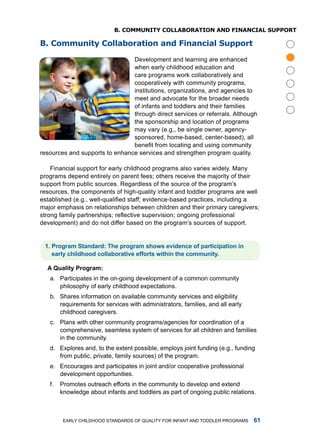 b. CommuniTy CollaboRaTion anD finanCial suppoRT

b. Community Collaboration and financial support




                                                                                     
                                development and learning are enhanced
                                when early childhood education and
                                care programs work collaboratively and
                                cooperatively with community programs,
                                institutions, organizations, and agencies to
                                meet and advocate for the broader needs
                                of infants and toddlers and their families
                                through direct services or referrals. although
                                the sponsorship and location of programs
                                may vary (e.g., be single owner, agency-
                                sponsored, home-based, center-based), all
                                benefit from locating and using community
resources and supports to enhance services and strengthen program quality.

    financial support for early childhood programs also varies widely. many
programs depend entirely on parent fees; others receive the majority of their
support from public sources. regardless of the source of the program’s
resources, the components of high-quality infant and toddler programs are well
established (e.g., well-qualified staff; evidence-based practices, including a
major emphasis on relationships between children and their primary caregivers;
strong family partnerships; reflective supervision; ongoing professional
development) and do not differ based on the program’s sources of support.


 . Progrm Stndrd: The progrm shows evidence of prticiption in
    erly childhood collbortive efforts within the community.

  A Qulity Progrm:
   a. Participates in the on-going development of a common community
      philosophy of early childhood expectations.
   b. Shares information on available community services and eligibility
      requirements for services with administrators, families, and all early
      childhood caregivers.
   c. Plans with other community programs/agencies for coordination of a
      comprehensive, seamless system of services for all children and families
      in the community.
   d. Explores and, to the extent possible, employs joint funding (e.g., funding
      from public, private, family sources) of the program.
   e. Encourages and participates in joint and/or cooperative professional
      development opportunities.
   f.   Promotes outreach efforts in the community to develop and extend
        knowledge about infants and toddlers as part of ongoing public relations.



         Early Childhood StandardS of Quality for infant and toddlEr ProgramS   
 
