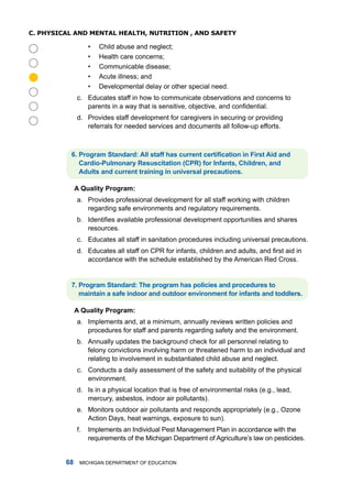 C. physiCal anD menTal healTh, nuTRiTion , anD safeTy

                   •   Child abuse and neglect;
                   •   health care concerns;
                   •   Communicable disease;
                   •   acute illness; and




                   •   developmental delay or other special need.
              c. Educates staff in how to communicate observations and concerns to
                 parents in a way that is sensitive, objective, and confidential.
              d. Provides staff development for caregivers in securing or providing
                 referrals for needed services and documents all follow-up efforts.



          6. Program Standard: All staff has current certification in First Aid and
             crdio-Pulmonry Resuscittion (cPR) for Infnts, children, nd
             Adults nd current trining in universl precutions.

              A Qulity Progrm:
              a. Provides professional development for all staff working with children
                 regarding safe environments and regulatory requirements.
              b. Identifies available professional development opportunities and shares
                 resources.
              c. Educates all staff in sanitation procedures including universal precautions.
              d. Educates all staff on CPR for infants, children and adults, and first aid in
                 accordance with the schedule established by the american red Cross.


          . Progrm Stndrd: The progrm hs policies nd procedures to
             mintin  sfe indoor nd outdoor environment for infnts nd toddlers.

              A Qulity Progrm:
              a. implements and, at a minimum, annually reviews written policies and
                 procedures for staff and parents regarding safety and the environment.
              b. annually updates the background check for all personnel relating to
                 felony convictions involving harm or threatened harm to an individual and
                 relating to involvement in substantiated child abuse and neglect.
              c. Conducts a daily assessment of the safety and suitability of the physical
                 environment.
              d. is in a physical location that is free of environmental risks (e.g., lead,
                 mercury, asbestos, indoor air pollutants).
              e. monitors outdoor air pollutants and responds appropriately (e.g., ozone
                 action days, heat warnings, exposure to sun).
              f.   implements an individual Pest management Plan in accordance with the
                   requirements of the michigan department of agriculture’s law on pesticides.


             miChigan dEPartmEnt of EduCation
 