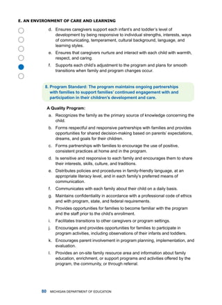 e. an enviRonmenT of CaRe anD leaRning

              d. Ensures caregivers support each infant’s and toddler’s level of
                 development by being responsive to individual strengths, interests, ways
                 of communicating, temperament, cultural background, language, and
                 learning styles.
              e. Ensures that caregivers nurture and interact with each child with warmth,
                 respect, and caring.
              f.   Supports each child’s adjustment to the program and plans for smooth





                   transitions when family and program changes occur.


          . Progrm Stndrd: The progrm mintins ongoing prtnerships
             with fmilies to support fmilies’ continued enggement with nd
             prticiption in their children’s development nd cre.

              A Qulity Progrm:
              a. recognizes the family as the primary source of knowledge concerning the
                 child.
              b. forms respectful and responsive partnerships with families and provides
                 opportunities for shared decision-making based on parents’ expectations,
                 dreams, and goals for their children.
              c. forms partnerships with families to encourage the use of positive,
                 consistent practices at home and in the program.
              d. is sensitive and responsive to each family and encourages them to share
                 their interests, skills, culture, and traditions.
              e. distributes policies and procedures in family-friendly language, at an
                 appropriate literacy level, and in each family’s preferred means of
                 communication.
              f.   Communicates with each family about their child on a daily basis.
              g. Maintains confidentiality in accordance with a professional code of ethics
                 and with program, state, and federal requirements.
              h. Provides opportunities for families to become familiar with the program
                 and the staff prior to the child’s enrollment.
              i.   facilitates transitions to other caregivers or program settings.
              j.   Encourages and provides opportunities for families to participate in
                   program activities, including observations of their infants and toddlers.
              k. Encourages parent involvement in program planning, implementation, and
                 evaluation.
              l.   Provides an on-site family resource area and information about family
                   education, enrichment, or support programs and activities offered by the
                   program, the community, or through referral.




         0    miChigan dEPartmEnt of EduCation
 