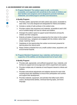 e. an enviRonmenT of CaRe anD leaRning

          . Progrm Stndrd: The outdoor spce is sfe, comfortble,
              ccessible, nd orgnized with sensitivity to the needs of children nd
              their fmilies nd cregivers nd is designed to promote individul,
              child/child, nd child/cregiver ctivities nd interctions.

              A Qulity Progrm:
              a. Provides usable, appropriate and safe outdoor play space, accessible to





                 each child, in an area designed and designated for infants and toddlers.
              b. includes a variety of safe surfaces in the outdoor area.
              c. Provides outdoor play equipment and materials, accessible to each child
                 and of suitable design and size for infants and toddlers.
              d. arranges the outdoor space to support social interactions among the
                 children and their caregivers.
              e. Extends principles of responsive caregiving from the indoor to the outdoor
                 environment (e.g., caregivers are engaged with the children rather than
                 simply “watching” them).
              f.   Capitalizes on the opportunities the outdoor environment presents for
                   learning about the natural world.
              g. Keeps children protected from any unsafe outdoor areas, equipment, and
                 environmental hazards.


          . Progrm Stndrd: Equipment, toys, mterils, nd furniture re
              supportive of the bilities nd developmentl level of ech child.

              A Qulity Progrm:
              a. Provides safe, appropriate, and sufficient equipment, toys, materials, and
                 furniture to support and encourage each child to experiment and explore.
              b. Provides multiple sets of materials of most frequent interest to infants and
                 toddlers.
              c. Provides instructional adjustments and adaptive devices for each child
                 including those with disabilities to ensure their participation and comfort
                 and support their development.
              d. Provides materials, equipment, and activities that reflect each child’s
                 culture, developmental abilities, individual learning styles, and home
                 language.




             miChigan dEPartmEnt of EduCation
 