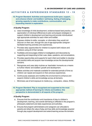 e. an enviRonmenT of CaRe anD leaRning

A c T I V I T I E S  E x P E R I E n c E S S TA n D A R D S   -  

 . Progrm Stndrd: Activities nd experiences build upon, support,
     nd enhnce infnts’ nd toddlers’ well-being, feeling of belonging,
     growing cpcity to mke contributions, communiction, nd
     expnding interest in explortion.




                                                                                      
  A Qulity Progrm:
   a. uses knowledge of child development, evidence-based best practice, and
      appreciation of individual differences to plan and prepare strategies to
      support children’s development and learning and provide individualized
      age appropriate activities for each infant and toddler.
   b. Exposes children to skills, concepts, or information they would not
      discover on their own, through the use of age-appropriate caregiver-
      facilitated learning activities and experiences.
   c. Provides daily opportunities for children to explore both indoors and
      outdoors using all of their senses.
   d. facilitates and encourages children’s investigations and discoveries by
      supporting and responding to their cues, ideas, questions, and conversations.
   e. Provides opportunities and supports for each infant and toddler to develop
      and practice skills and acquire new knowledge across the developmental
      domains.
   f.   recognizes and uses daily routines as ‘teachable’ moments as a means
        to further infants’ and toddlers’ growth and development.
   g. makes activities and materials available for extended periods of time so
      children can repeat and expand on their previous experiences.
   h. Continuously assesses and modifies the environment to enhance and
      expand children’s skills and knowledge across all domains.
   i.   minimizes use of and exposure to media (e.g., computers, videos, dVds).


 . Progrm Stndrd: Ply is recognized nd supported s the most
     pproprite method of lerning for infnts nd toddlers; this
     perspective is demonstrted in ll spects of the progrm.

  A Qulity Progrm:
   a. Ensures that the contribution and importance of play to children’s
      development, learning, and overall well-being is reflected in the program’s
      philosophy statement and daily experiences and activities.
   b. Ensures that program administrators and caregivers can articulate to
      parents and others the value of play and how skills and knowledge acquired
      through play support development and extend learning across the domains.




         Early Childhood StandardS of Quality for infant and toddlEr ProgramS    
 