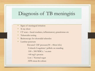 Diagnosis of TB meningitis 
• Signs of meningeal irritation 
• X-ray chest 
• CT scan – basal exudates, inflammatory granulomas etc 
• Tuberculin testing 
• Retinoscopy for choroidal tubercles 
• Lumbar puncture 
Elevated CSF pressure(30 – 40cm h2o) 
Cobweb Coagulum/ pellicle on standing 
100 – 500 WBCs / cu.mm 
>40 mg% protein 
Low / Normal sugar 
AFB smear & culture 
 