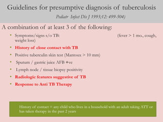 Guidelines for presumptive diagnosis of tuberculosis 
Pediatr Infect Dis J 1993;12: 499-504) 
A combination of at least 3 of the following: 
• Symptoms/signs s/o TB: (fever > 1 mo., cough, 
weight loss) 
• History of close contact with TB 
• Positive tuberculin skin test (Mantoux > 10 mm) 
• Sputum / gastric juice AFB +ve 
• Lymph node / tissue biopsy positivity 
• Radiologic features suggestive of TB 
• Response to Anti TB Therapy 
History of contact = any child who lives in a household with an adult taking ATT or 
has taken therapy in the past 2 years 
 