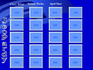 100 100 100 100
200
300
400
500
Class What
Jeopardy System Works Spell That
200
300
400
500
200
300
400
500
200
300
400
500
 