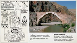 Pointedarch bridge
Karamagara Bridge in Cappadocia
spanned 17 mis the earliest known
bridge resting on a pointed arch dates
back to the 5th or 6th century AD.
Pendentive domeis a construction
solution which allows a circular dome
to be built atop a rectangular floor
plan.
 