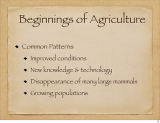 Beginnings of Agriculture
Common Patterns
Improved conditions
New knowledge & technology
Disappearance of many large mammals
Growing populations
10
 