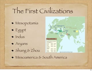 The First Civilizations
Mesopotamia
Egypt
Indus
Aryans
Shang & Zhou
Mesoamerica & South America
15
 
