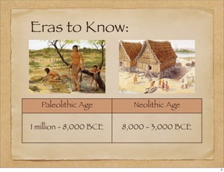 Eras to Know:
Paleolithic Age Neolithic Age
1 million - 8,000 BCE 8,000 - 3,000 BCE
2
 