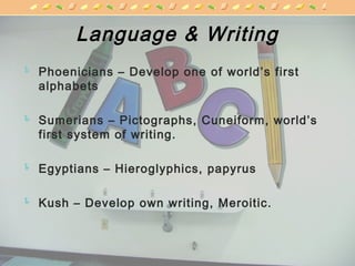 Language & Writing
 Phoenicians – Develop one of world’s first
alphabets
 Sumerians – Pictographs, Cuneiform, world’s
first system of writing.
 Egyptians – Hieroglyphics, papyrus
 Kush – Develop own writing, Meroitic.
 