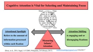Cognitive Attention is Vital for Selecting and Maintaining Focus
Attention Shifting
is engaging and or
disengaging fixations
Attentional Spotlight
Refers to the amount of
information processed
within each fixation
(Rose, et al., 2011; Segal, 11/5/2003; Wikipedia, 26 February 2017)
Measuring
Infants’
Attention
6
ozella.brundidge@gmail.com 9/26/2017
 