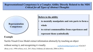 Representation
Competence
Refers to the ability
• to mentally manipulate and rote parts to form a
whole
• to extract commonalities from experiences and
represent them symbolically
Representational Competence is a Complex Ability Directly Related to the MDI
Critical for all Types of Abstract Thoughts
Example
Tactile-Visual-Cross Model extract information abstractly by touching an object
without seeing it, and recognizing it visually.
(Rose, et al., 1998 in Rose, et al., 2011; Rose, Feldman, & Jankowski, 2004 in 2011) 7
ozella.brundidge@gmail.com 9/26/2017
 