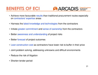 21
BENEFITS OF ECI
• Achieve more favourable results than traditional procurement routes especially
on contractors’ expertise areas
• Harness the latest knowledge and technologies from the contractors
• Initiate greater commitment and sense of ownership from the contractors
• Better awareness and understanding of project risks
• Better forecast of project outcomes
• Lean construction cost as contractors have lower risk to buffer in their price
• Joint problem solving, addressing unknowns and difficult environments
• Reduce the risk of litigation
• Shorten tender period
 