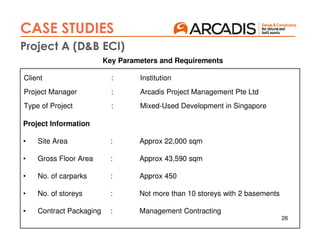 26
CASE STUDIES
Project A (D&B ECI)
Key Parameters and Requirements
Project Information
• Site Area : Approx 22,000 sqm
• Gross Floor Area : Approx 43,590 sqm
• No. of carparks : Approx 450
• No. of storeys : Not more than 10 storeys with 2 basements
• Contract Packaging : Management Contracting
Client : Institution
Project Manager : Arcadis Project Management Pte Ltd
Type of Project : Mixed-Used Development in Singapore
 