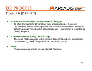 31
• Contractor’s Submission, Presentation & Dialogue
• To allow Contractor to demonstrate their understanding of the design
requirements, construction capability and expertise on resources, innovative
solution, programming & value added proposals – submission is regarded as
Quality Proposal.
• Correspondences during the ECI stage
• These will not be captured in the contract documents and only clarifications
received during the ITT stage will form part of the contract.
• Price
• No price proposal should be submitted at this stage.
ECI PROCESS
Project A (D&B ECI)
 