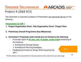 46
TENDERER DELIVERABLES
Presentation for AIP 1
1. Project Organization Chart / Site Organization Chart / Project Team
2. Preliminary Overall Programme (Key Milestones)
3. Contractor’s Proposals shall include but not limited to the following:
– A concept report of A3 size, max 10 pages, single sided comprising of
the following:
o Architectural Concept Design
o Architectural Planning Strategies
– Feedback/comments on Design Brief issued during
AIP 1
AIP 1
The Contractor is required to prepare a Presentation not more than 30 min on the
following :
Project A (D&B ECI)
* Further details on the requirements for the presentation will be made known at a later stage
 