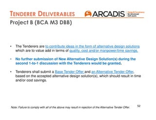 52
AIP 2
TENDERER DELIVERABLES
AIP 3
Project B (BCA M3 DBB)
Note: Failure to comply with all of the above may result in rejection of the Alternative Tender Offer.
• The Tenderers are to contribute ideas in the form of alternative design solutions
which are to value add in terms of quality, cost and/or manpower/time savings.
• No further submission of New Alternative Design Solution(s) during the
second 1-to-1 discussion with the Tenderers would be granted.
• Tenderers shall submit a Base Tender Offer and an Alternative Tender Offer,
based on the accepted alternative design solution(s), which should result in time
and/or cost savings.
 
