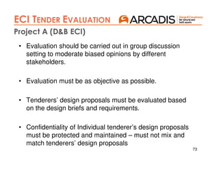 73
Project A (D&B ECI)
ECI TENDER EVALUATION
• Evaluation should be carried out in group discussion
setting to moderate biased opinions by different
stakeholders.
• Evaluation must be as objective as possible.
• Tenderers’ design proposals must be evaluated based
on the design briefs and requirements.
• Confidentiality of Individual tenderer’s design proposals
must be protected and maintained – must not mix and
match tenderers’ design proposals
 