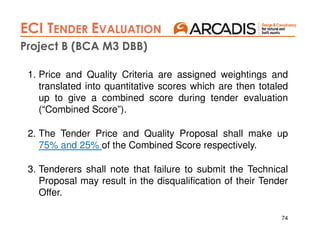 74
ECI TENDER EVALUATION
Project B (BCA M3 DBB)
1. Price and Quality Criteria are assigned weightings and
translated into quantitative scores which are then totaled
up to give a combined score during tender evaluation
(“Combined Score”).
2. The Tender Price and Quality Proposal shall make up
75% and 25% of the Combined Score respectively.
3. Tenderers shall note that failure to submit the Technical
Proposal may result in the disqualification of their Tender
Offer.
 