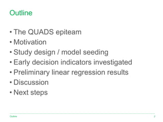Outline
• The QUADS epiteam
• Motivation
• Study design / model seeding
• Early decision indicators investigated
• Prelimi...
