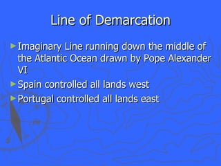 Line of Demarcation Imaginary Line running down the middle of the Atlantic Ocean drawn by Pope Alexander VI Spain controlled all lands west Portugal controlled all lands east 