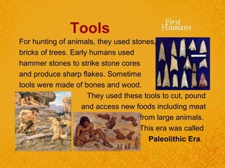 Tools
For hunting of animals, they used stones,
bricks of trees. Early humans used
hammer stones to strike stone cores
and produce sharp flakes. Sometime
tools were made of bones and wood.
They used these tools to cut, pound
and access new foods including meat
from large animals.
This era was called
Paleolithic Era.
 