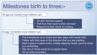 Milestones birth to three:-
At age 18 months most children can:
• Walk backwards
• Walk down stairs holding an adult's han...