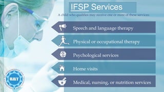 IFSP Services….
Extended school year programs/services
Supplementary aids and modifications
of supports for the student
As...