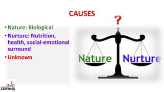 CAUSES
•Nature: Biological
•Nurture: Nutrition,
health, social-emotional
surround
•Unknown
 