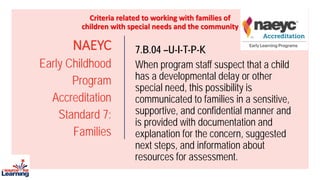 NAEYC
Early Childhood
Program
Accreditation
Standard 7:
Families
7.B.04 –U-I-T-P-K
When program staff suspect that a child
has a developmental delay or other
special need, this possibility is
communicated to families in a sensitive,
supportive, and confidential manner and
is provided with documentation and
explanation for the concern, suggested
next steps, and information about
resources for assessment.
Criteria related to working with families of
children with special needs and the community
 