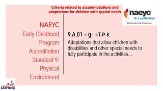 NAEYC
Early Childhood
Program
Accreditation
Standard 9:
Physical
Environment
9.A.01 – g- I-T-P-K
Adaptations that allow children with
disabilities and other special needs to
fully participate in the activities…
Criteria related to accommodations and
adaptations for children with special needs
 