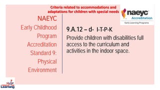 NAEYC
Early Childhood
Program
Accreditation
Standard 9:
Physical
Environment
9.A.12 – d- I-T-P-K
Provide children with disabilities full
access to the curriculum and
activities in the indoor space.
Criteria related to accommodations and
adaptations for children with special needs
 