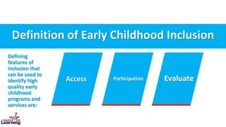 Definition of Early Childhood Inclusion
Access Participation Evaluate
Defining
features of
inclusion that
can be used to
identify high
quality early
childhood
programs and
services are:
 