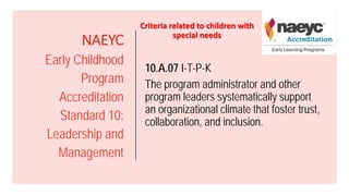 NAEYC
Early Childhood
Program
Accreditation
Standard 10:
Leadership and
Management
10.A.07 I-T-P-K
The program administrator and other
program leaders systematically support
an organizational climate that foster trust,
collaboration, and inclusion.
Criteria related to children with
special needs
 