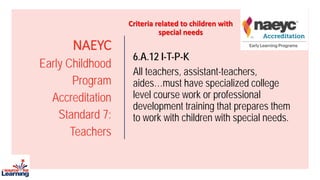 NAEYC
Early Childhood
Program
Accreditation
Standard 7:
Teachers
6.A.12 I-T-P-K
All teachers, assistant-teachers,
aides…must have specialized college
level course work or professional
development training that prepares them
to work with children with special needs.
Criteria related to children with
special needs
 