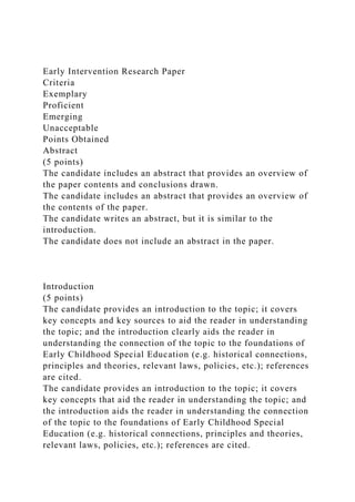 Early Intervention Research Paper
Criteria
Exemplary
Proficient
Emerging
Unacceptable
Points Obtained
Abstract
(5 points)
The candidate includes an abstract that provides an overview of
the paper contents and conclusions drawn.
The candidate includes an abstract that provides an overview of
the contents of the paper.
The candidate writes an abstract, but it is similar to the
introduction.
The candidate does not include an abstract in the paper.
Introduction
(5 points)
The candidate provides an introduction to the topic; it covers
key concepts and key sources to aid the reader in understanding
the topic; and the introduction clearly aids the reader in
understanding the connection of the topic to the foundations of
Early Childhood Special Education (e.g. historical connections,
principles and theories, relevant laws, policies, etc.); references
are cited.
The candidate provides an introduction to the topic; it covers
key concepts that aid the reader in understanding the topic; and
the introduction aids the reader in understanding the connection
of the topic to the foundations of Early Childhood Special
Education (e.g. historical connections, principles and theories,
relevant laws, policies, etc.); references are cited.
 